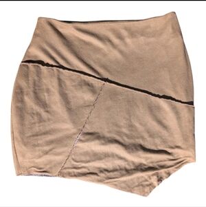 American Vtg Bodycon Mini Skirt XS Stretch Y2K Tan Faux Suede Asymmetrical Panel